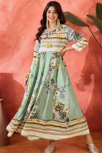 Daylist women printed & embroiderd cotton tie-up neck maxi dress