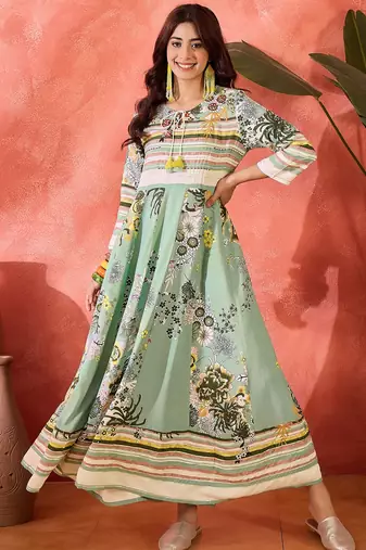 Daylist women printed & embroiderd cotton tie-up neck maxi dress