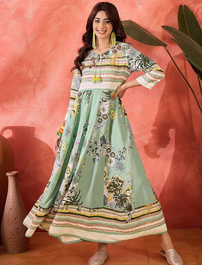 Daylist women printed & embroiderd cotton tie-up neck maxi dress