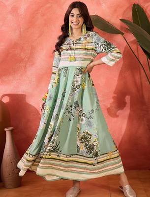 green floral printed viscose rayon maxi dress 2