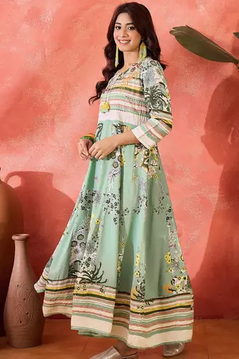 green floral printed viscose rayon maxi dress