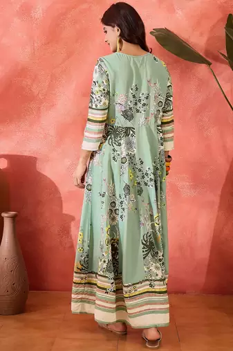 green floral printed viscose rayon maxi dress
