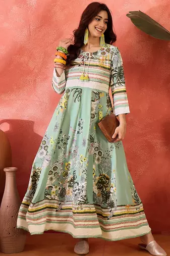 green floral printed viscose rayon maxi dress