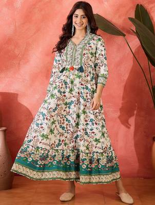 green floral printed cotton fit flare maxi dress 1