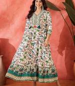 green floral printed cotton fit flare maxi dress
