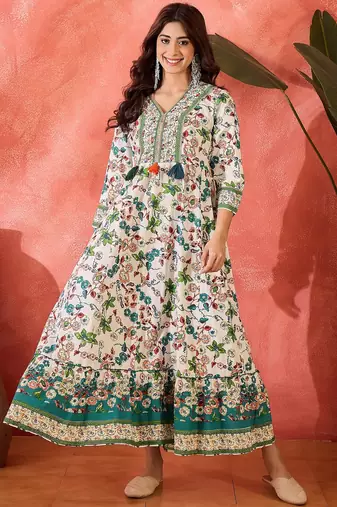 green floral printed cotton fit flare maxi dress