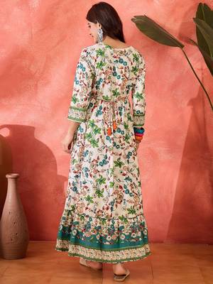 green floral printed cotton fit flare maxi dress 3