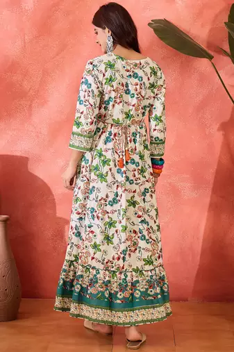 green floral printed cotton fit flare maxi dress