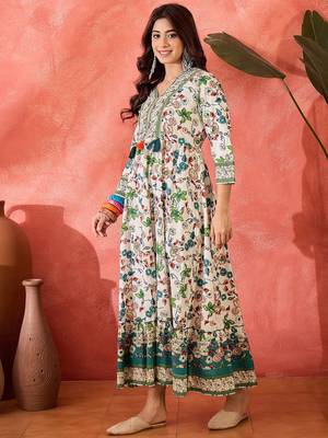 green floral printed cotton fit flare maxi dress 4