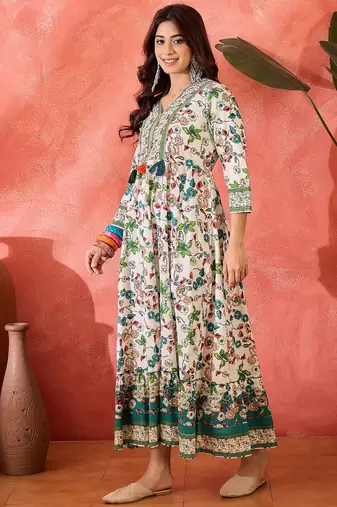 green floral printed cotton fit flare maxi dress