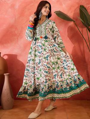 green floral printed cotton fit flare maxi dress 5