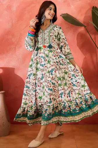 green floral printed cotton fit flare maxi dress