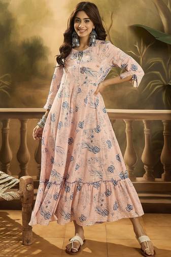 Daylist women cotton slub floral printed & embroiderd slit sleeve ruffled a-line dress