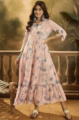 Daylist women cotton slub floral printed & embroiderd slit sleeve ruffled a-line dress