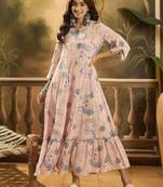pink floral printed cotton slub a line dress