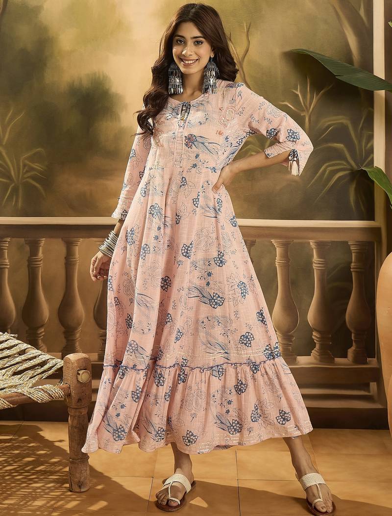 Daylist women cotton slub floral printed & embroiderd slit sleeve ruffled a-line dress