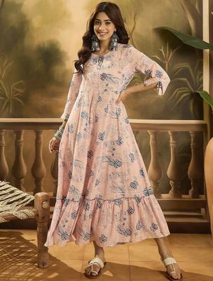 pink floral printed cotton slub a line dress 2