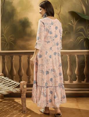 pink floral printed cotton slub a line dress 3