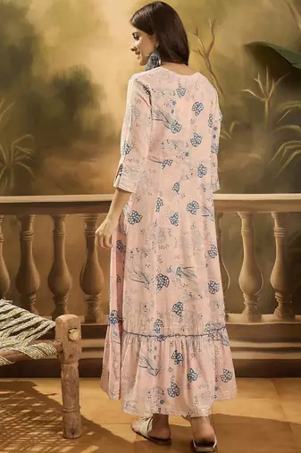 pink floral printed cotton slub a line dress