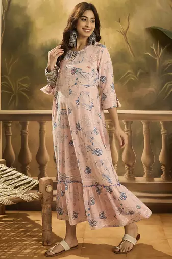 pink floral printed cotton slub a line dress
