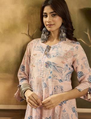 pink floral printed cotton slub a line dress 5