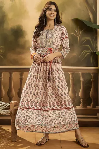 Daylist women ethnic motifs printed & embroiderd round neck fit & flare dress