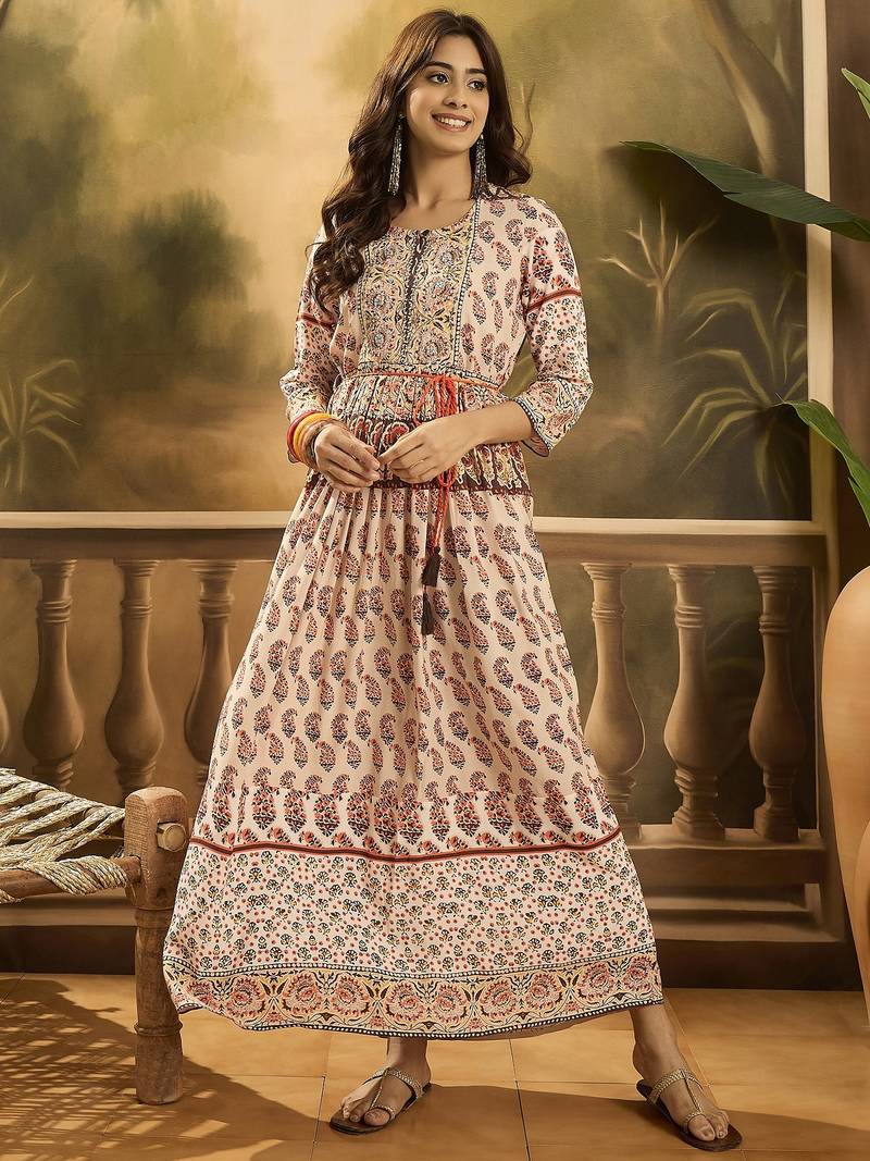 Daylist women ethnic motifs printed & embroiderd round neck fit & flare dress