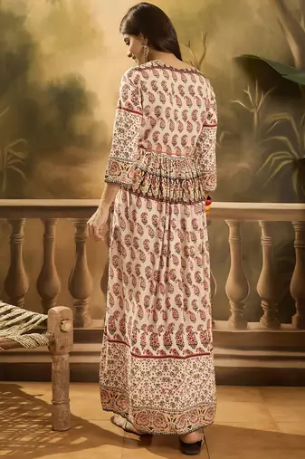 beige floral printed rayon maxi dress