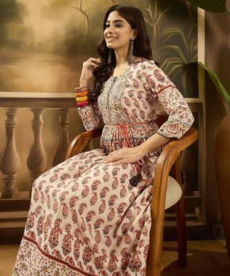 beige floral printed rayon maxi dress 4