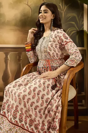 beige floral printed rayon maxi dress