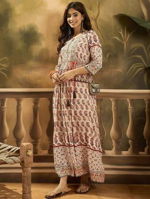 beige floral printed rayon maxi dress 5