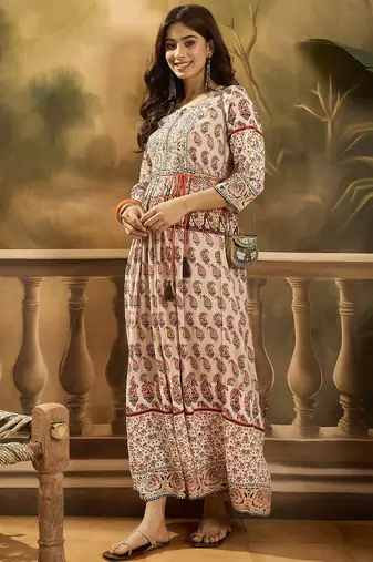 beige floral printed rayon maxi dress