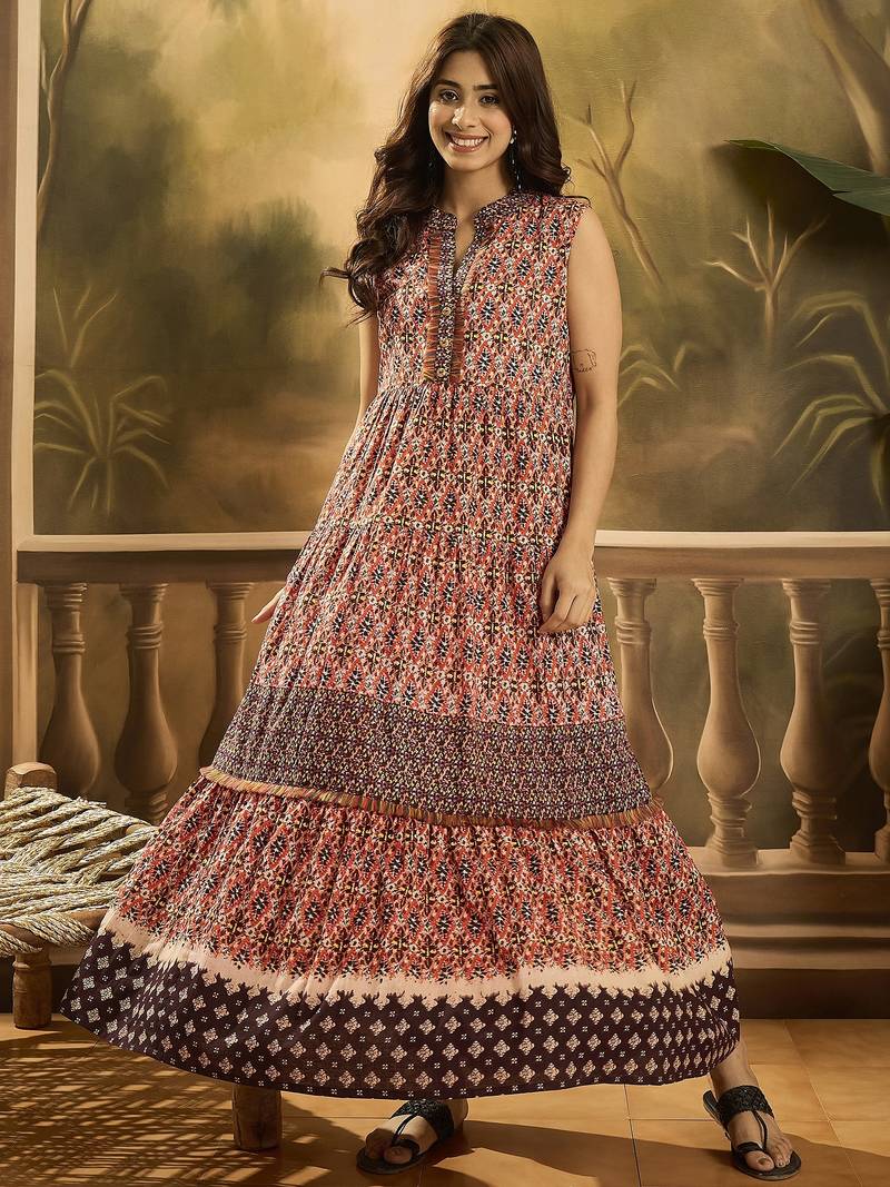 Daylist women tropical printed pure cotton fit & flare dress