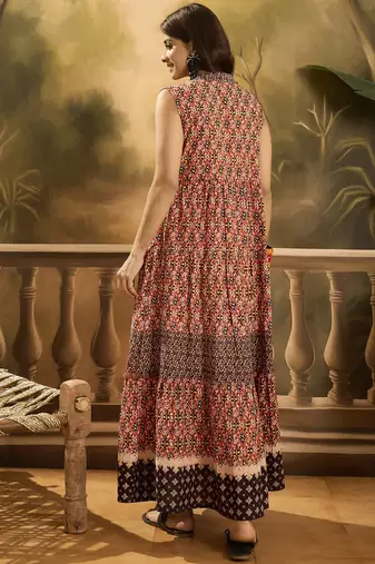 red tropical printed cotton maxi dress