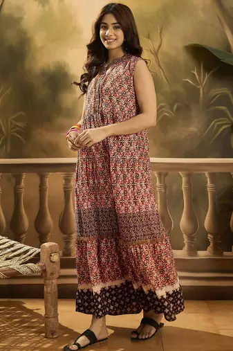 red tropical printed cotton maxi dress