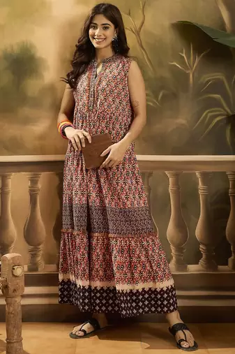 red tropical printed cotton maxi dress