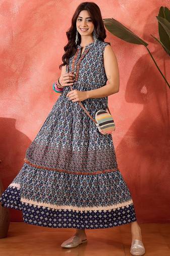 Daylist women tropical printed lace inserts cotton fit and flare maxi dress