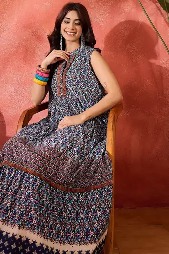 blue floral printed cotton maxi dress