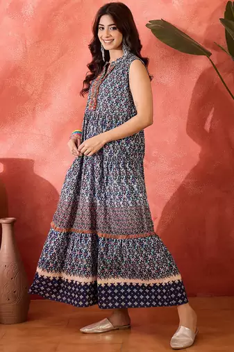 blue floral printed cotton maxi dress
