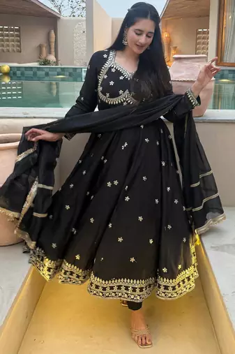 Black  vichitra silk  party wear embroidery anarkali   suit set
