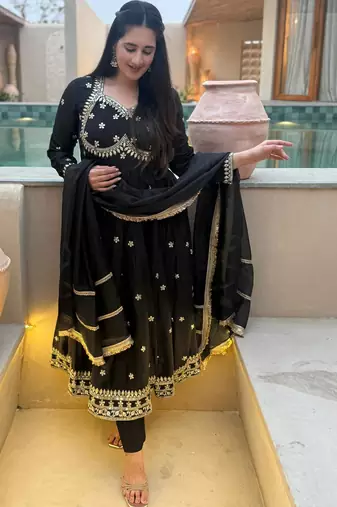 Black  vichitra silk  party wear embroidery anarkali   suit set