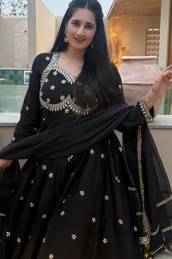 Black  vichitra silk  party wear embroidery anarkali   suit set