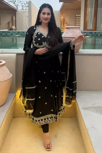 Black  vichitra silk  party wear embroidery anarkali   suit set
