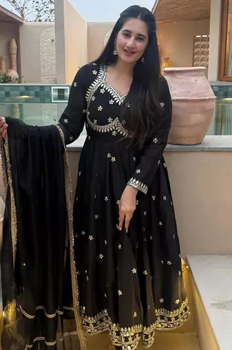 Black  vichitra silk  party wear embroidery anarkali   suit set
