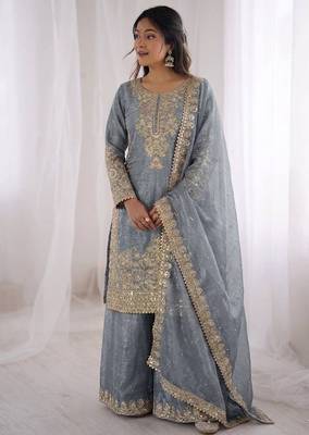 grey sequins embroidered silk sharara suit 1