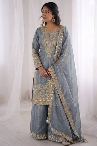 grey sequins embroidered silk sharara suit