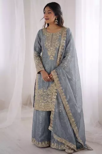 grey sequins embroidered silk sharara suit