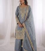 grey sequins embroidered silk sharara suit