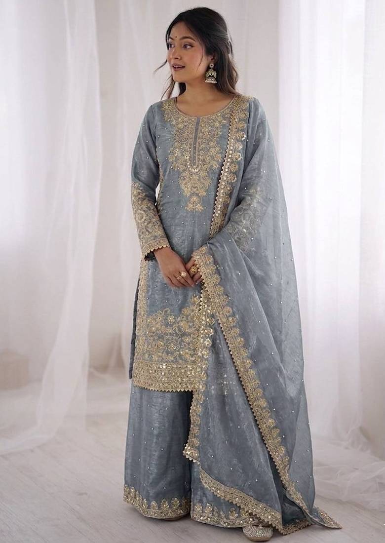 grey sequins embroidered silk sharara suit