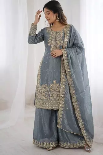 grey sequins embroidered silk sharara suit